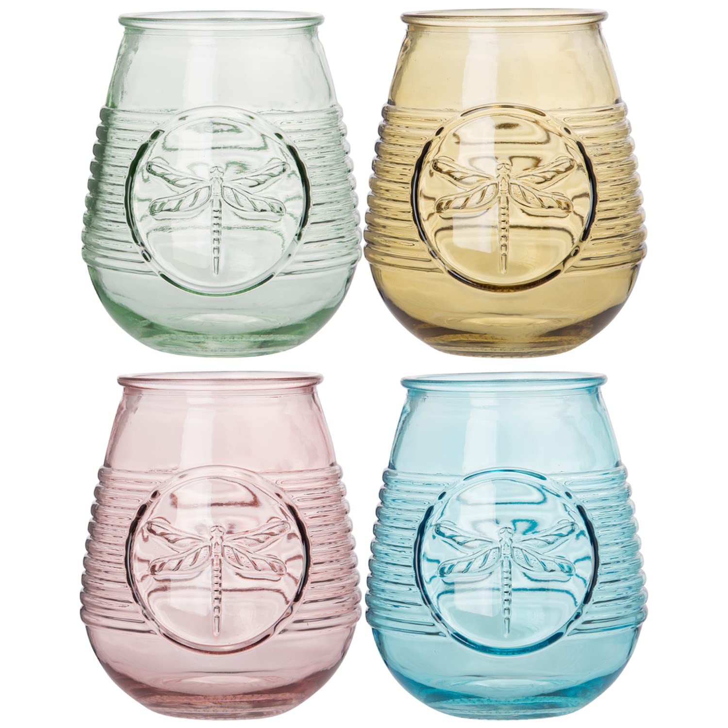 Glaver's Set Of 4 21 Oz. Colored Glasses, Multicolor Embossed Dragonfly Wine Glasses, Vintage Drinking Glasses, Tumblers For All You Favorite Cocktails And Beverages, Handwash Only