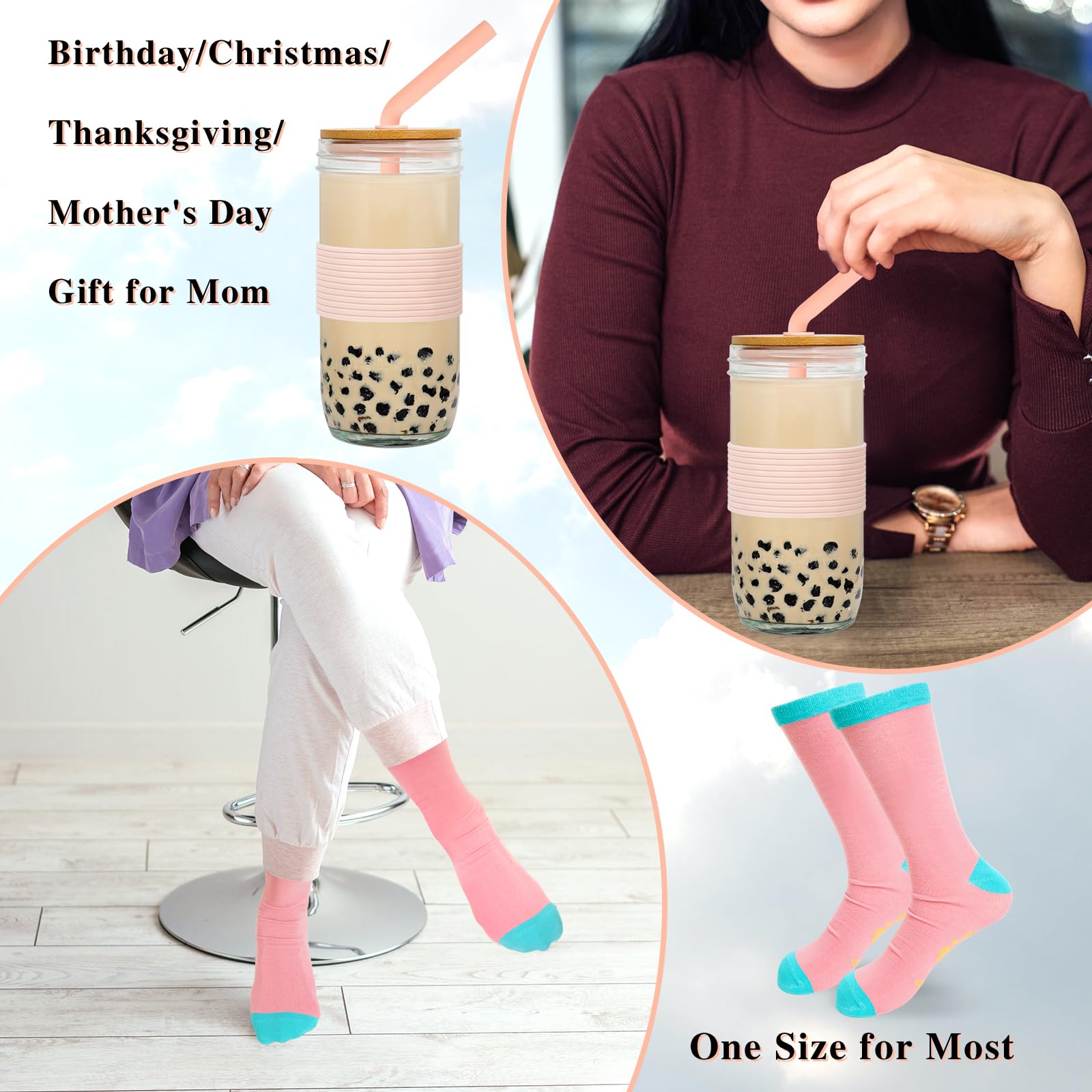 ANOTION Christmas Mom Gifts, Best Mom Ever 24oz Wide Mason Jar with Lid and Straw Novelty Mothers Day Gifts from Daughter Son Birthday Gift for Mom New Mom Gift with Exquisite Box Packing
