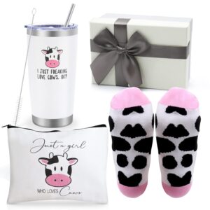 uarehiby cow themed gifts,best idea gift- cute cow print 20 oz wine tumbler and socks for women,cosmetic bag cow tumbler gift basket box set for cow lover,cute cow print stuff for farm animal