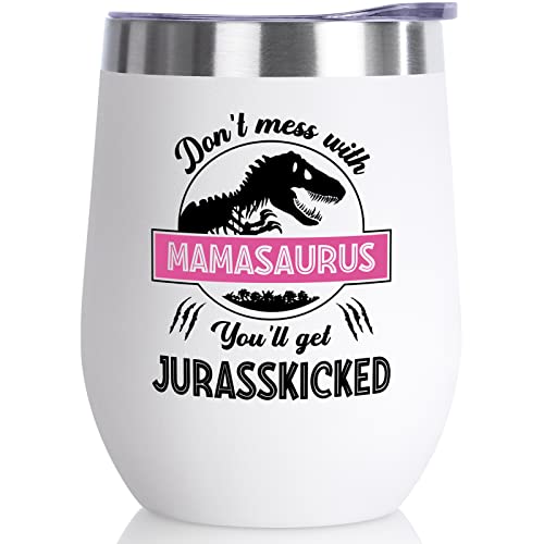 Fimibuke Mom Gifts for Mothers Day from Daughter Son Kids, 12 Oz Wine Tumbler Birthday Gifts for Mom, Her, Mother, Mother-in-Law, Wife, Women, Insulated Coffee Cup Present Gifts Boxed (A1.Mamasaurus)