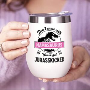 Fimibuke Mom Gifts for Mothers Day from Daughter Son Kids, 12 Oz Wine Tumbler Birthday Gifts for Mom, Her, Mother, Mother-in-Law, Wife, Women, Insulated Coffee Cup Present Gifts Boxed (A1.Mamasaurus)