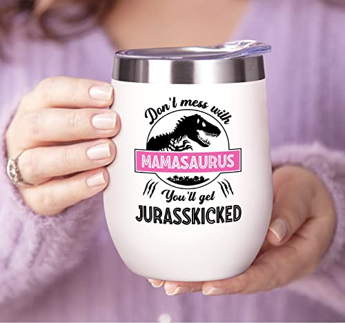 Fimibuke Mom Gifts for Mothers Day from Daughter Son Kids, 12 Oz Wine Tumbler Birthday Gifts for Mom, Her, Mother, Mother-in-Law, Wife, Women, Insulated Coffee Cup Present Gifts Boxed (A1.Mamasaurus)
