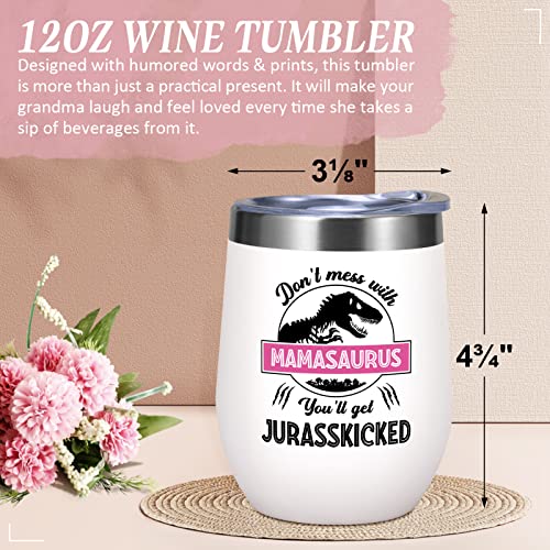 Fimibuke Mom Gifts for Mothers Day from Daughter Son Kids, 12 Oz Wine Tumbler Birthday Gifts for Mom, Her, Mother, Mother-in-Law, Wife, Women, Insulated Coffee Cup Present Gifts Boxed (A1.Mamasaurus)