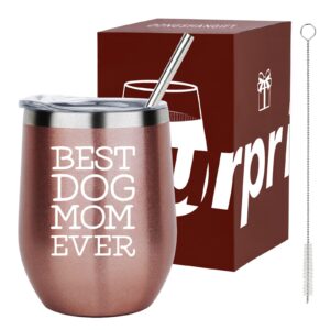 best dog mom ever wine tumbler dog mom tumbler dog wine tumbler for dog lovers from daughter son mothers day birthday christmas gifts for mom wife 12 ounce with lid straw and gift box rose gold