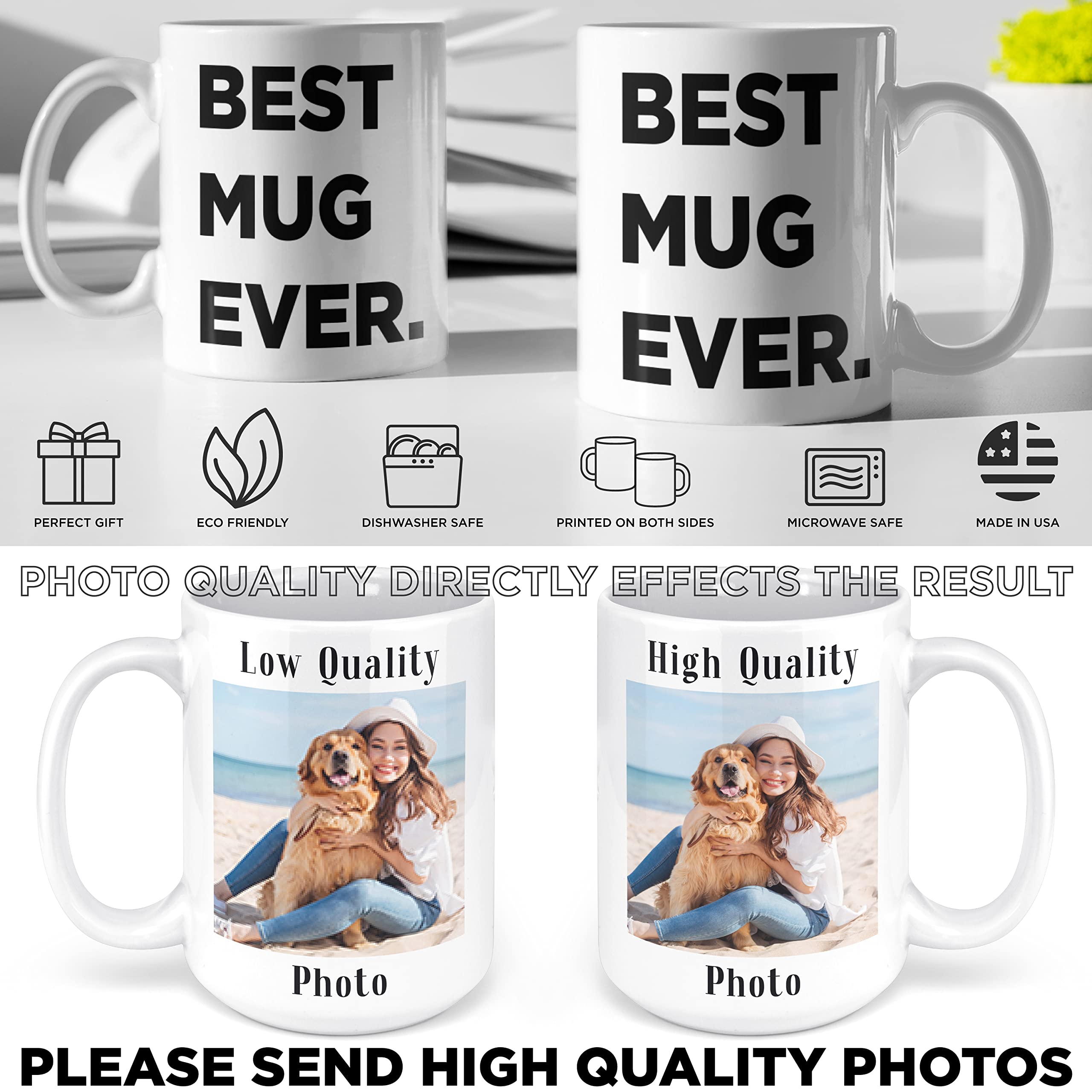 Custom Photo Coffee Mug, 11 - 15 oz. Personalized Mug w/ Picture, Text, Name - Gifts for Boyfriend, Girlfriend, Best Friend, Christmas Gifts, Taza Personalizadas - White