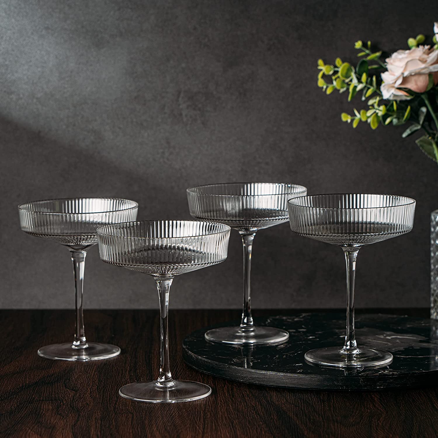 Vintage Art Deco Coupe Glasses, Martini, Champagne & Cocktail Ribbed Glass 7 oz | Set of 4 | Crystal, Manhattan, Cosmopolitan, Sidecar Cocktail Glassware for Champagne , Ripple Glassware - Gift Box