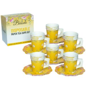 flower sippers (24 pack) 7oz paper tea cups party decorations, 24 disposable drink cups w/handles, matching dessert saucer plates, tea party supplies, birthday party favors, bright yellow decor