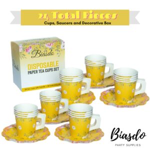 FLOWER SIPPERS (24 Pack) 7oz Paper Tea Cups Party Decorations, 24 Disposable Drink Cups w/Handles, Matching Dessert Saucer Plates, Tea Party Supplies, Birthday Party Favors, Bright Yellow Decor