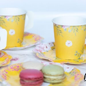 FLOWER SIPPERS (24 Pack) 7oz Paper Tea Cups Party Decorations, 24 Disposable Drink Cups w/Handles, Matching Dessert Saucer Plates, Tea Party Supplies, Birthday Party Favors, Bright Yellow Decor