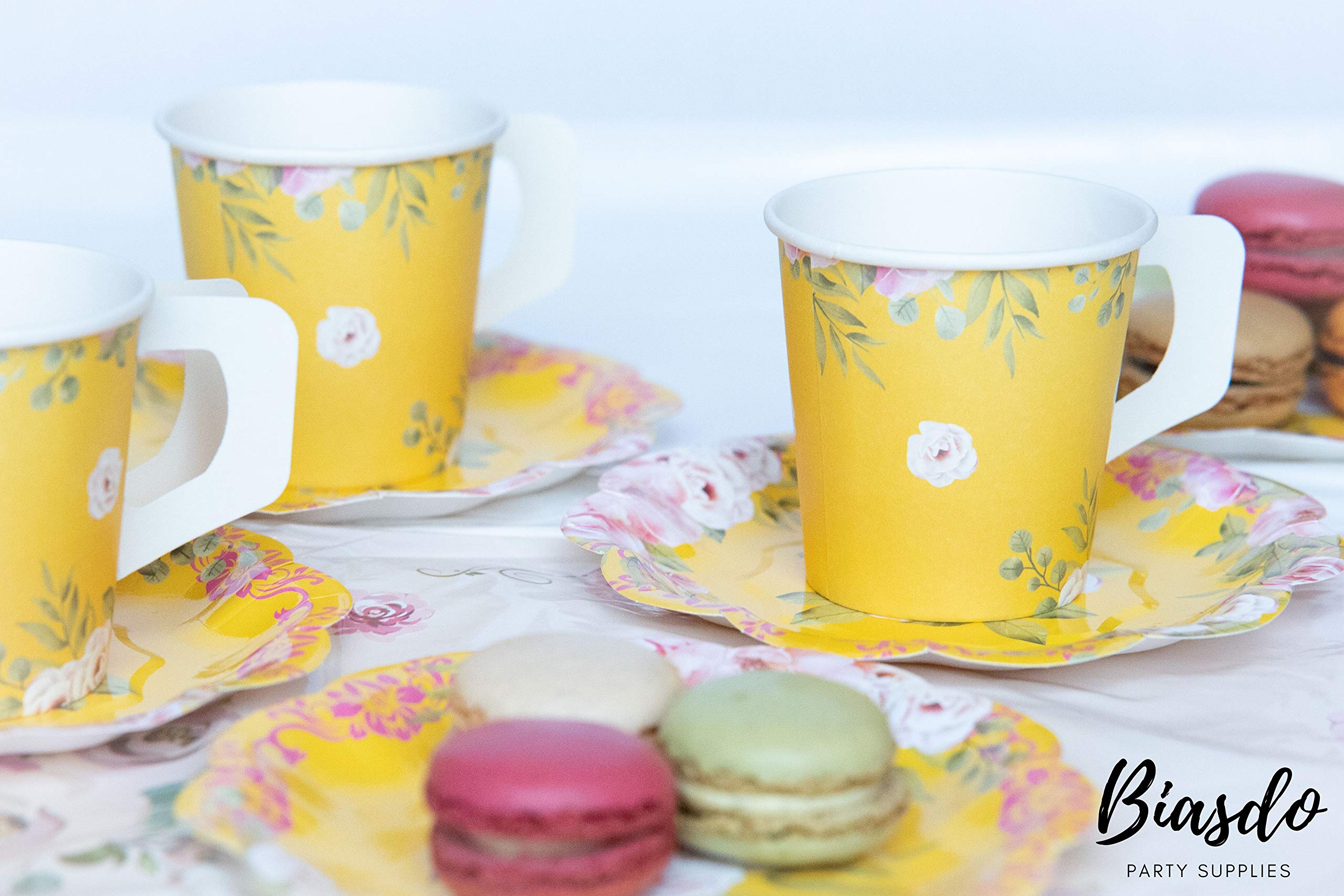 FLOWER SIPPERS (24 Pack) 7oz Paper Tea Cups Party Decorations, 24 Disposable Drink Cups w/Handles, Matching Dessert Saucer Plates, Tea Party Supplies, Birthday Party Favors, Bright Yellow Decor