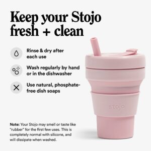 Stojo Collapsible Travel Cup With Straw - Carnation Pink, 16oz / 470ml - Reusable To-Go Pocket Size Silicone Bottle for Hot and Cold Drinks - Perfect for Camping & Hiking - Microwave & Dishwasher Safe