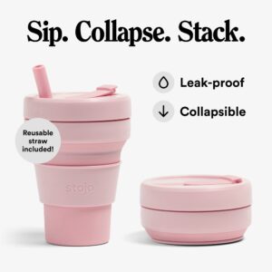 Stojo Collapsible Travel Cup With Straw - Carnation Pink, 16oz / 470ml - Reusable To-Go Pocket Size Silicone Bottle for Hot and Cold Drinks - Perfect for Camping & Hiking - Microwave & Dishwasher Safe