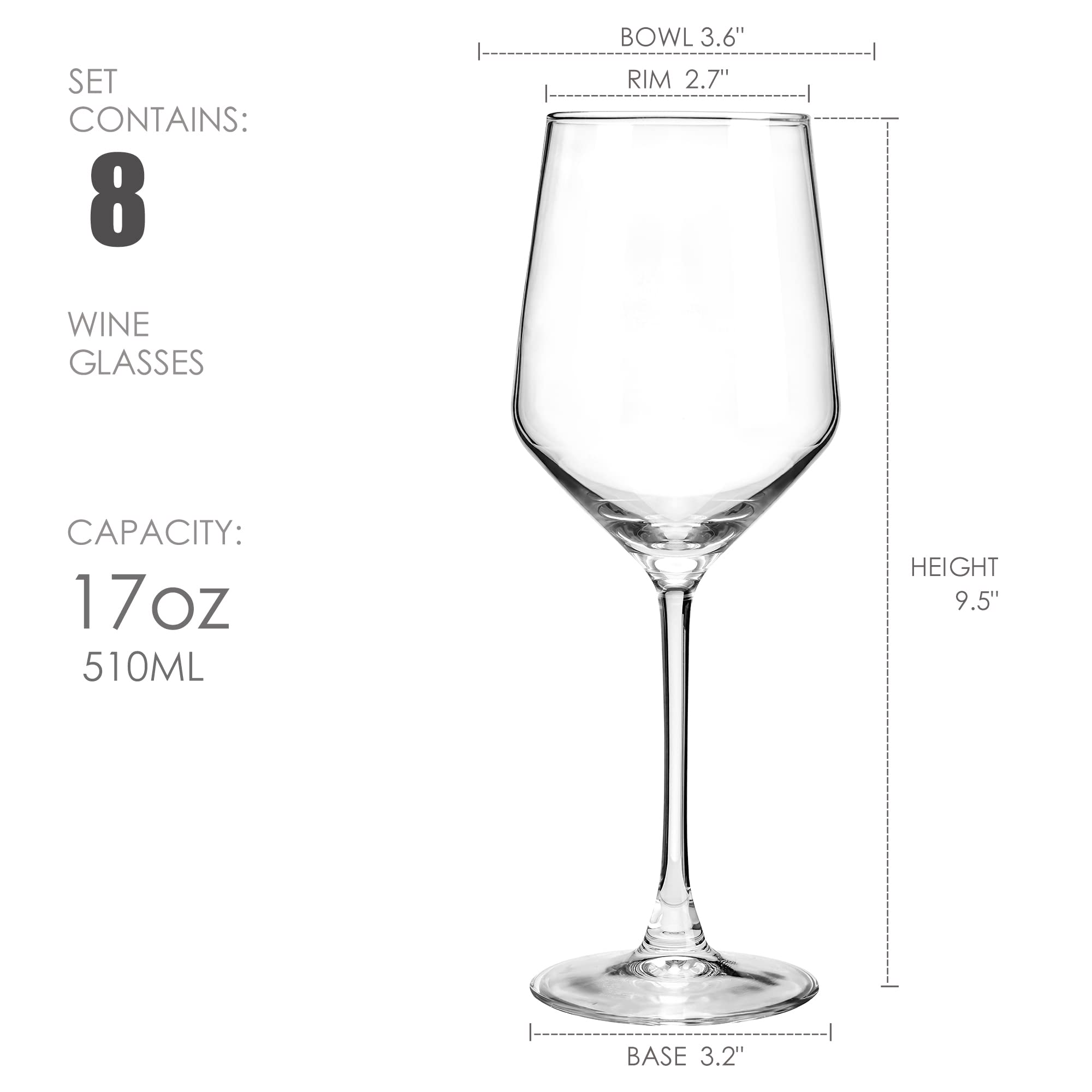YANGNAY Wine Glasses (Set of 8, 17 Oz), Clear Wine Glasses for Red Wine, Smooth Rim, Dishwasher Safe