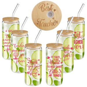 rtteri 6 pcs teacher gifts teacher appreciation gifts teacher glass cups 20 oz drinking glasses glass tumbler with straw and lid and brushes teacher tumbler for women