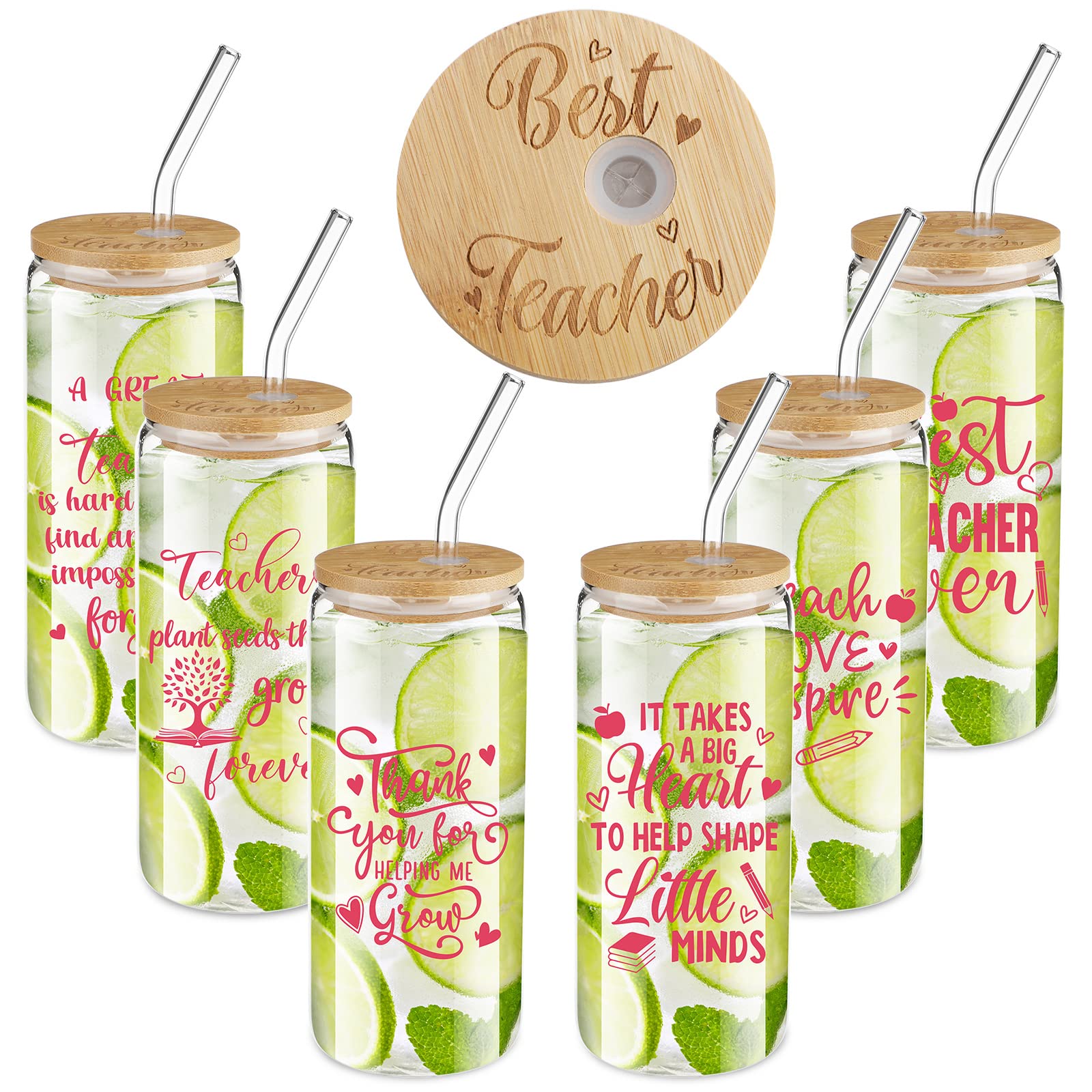 Rtteri 6 Pcs Teacher Gifts Teacher Appreciation Gifts Teacher Glass Cups 20 oz Drinking Glasses Glass Tumbler with Straw and Lid and Brushes Teacher Tumbler for Women