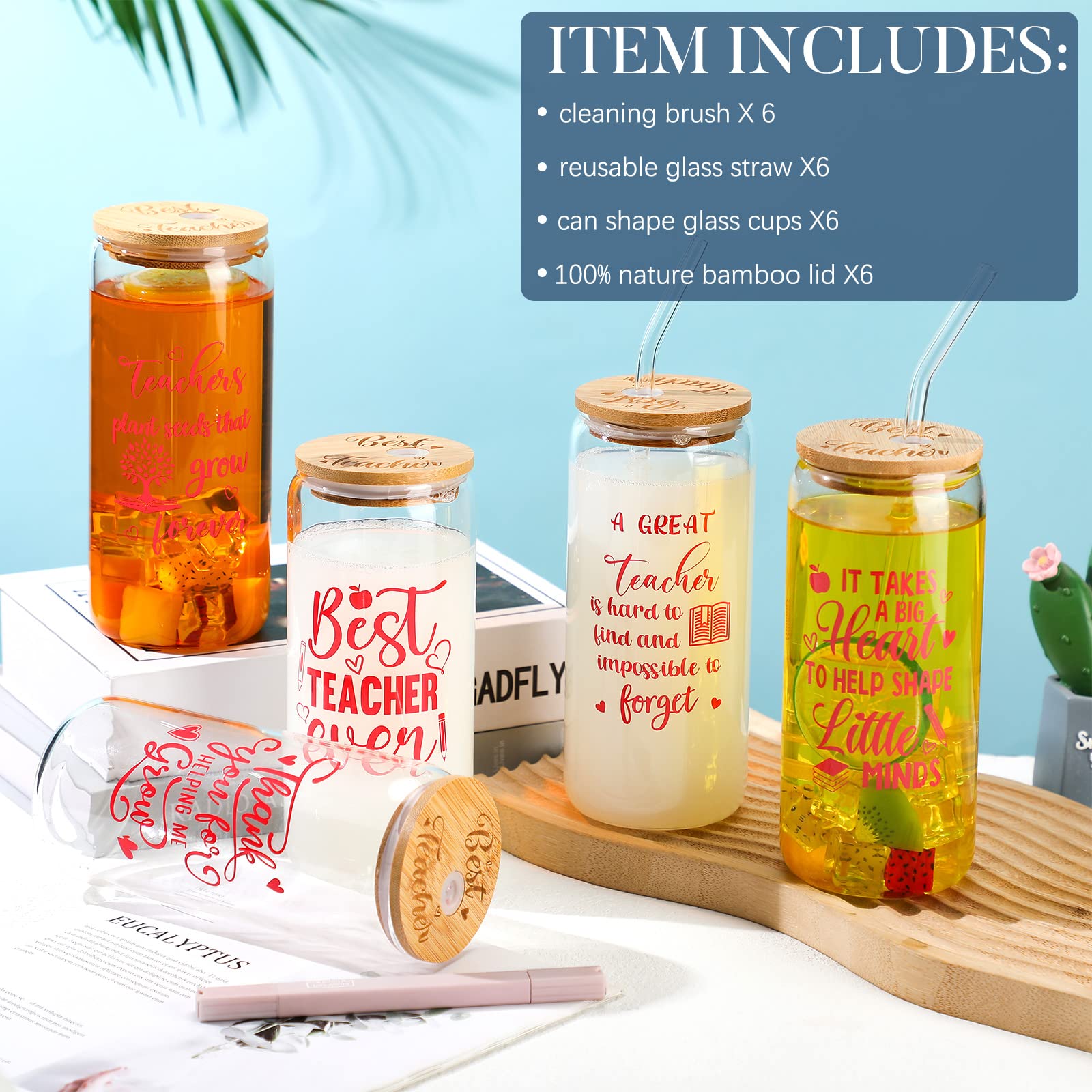 Rtteri 6 Pcs Teacher Gifts Teacher Appreciation Gifts Teacher Glass Cups 20 oz Drinking Glasses Glass Tumbler with Straw and Lid and Brushes Teacher Tumbler for Women