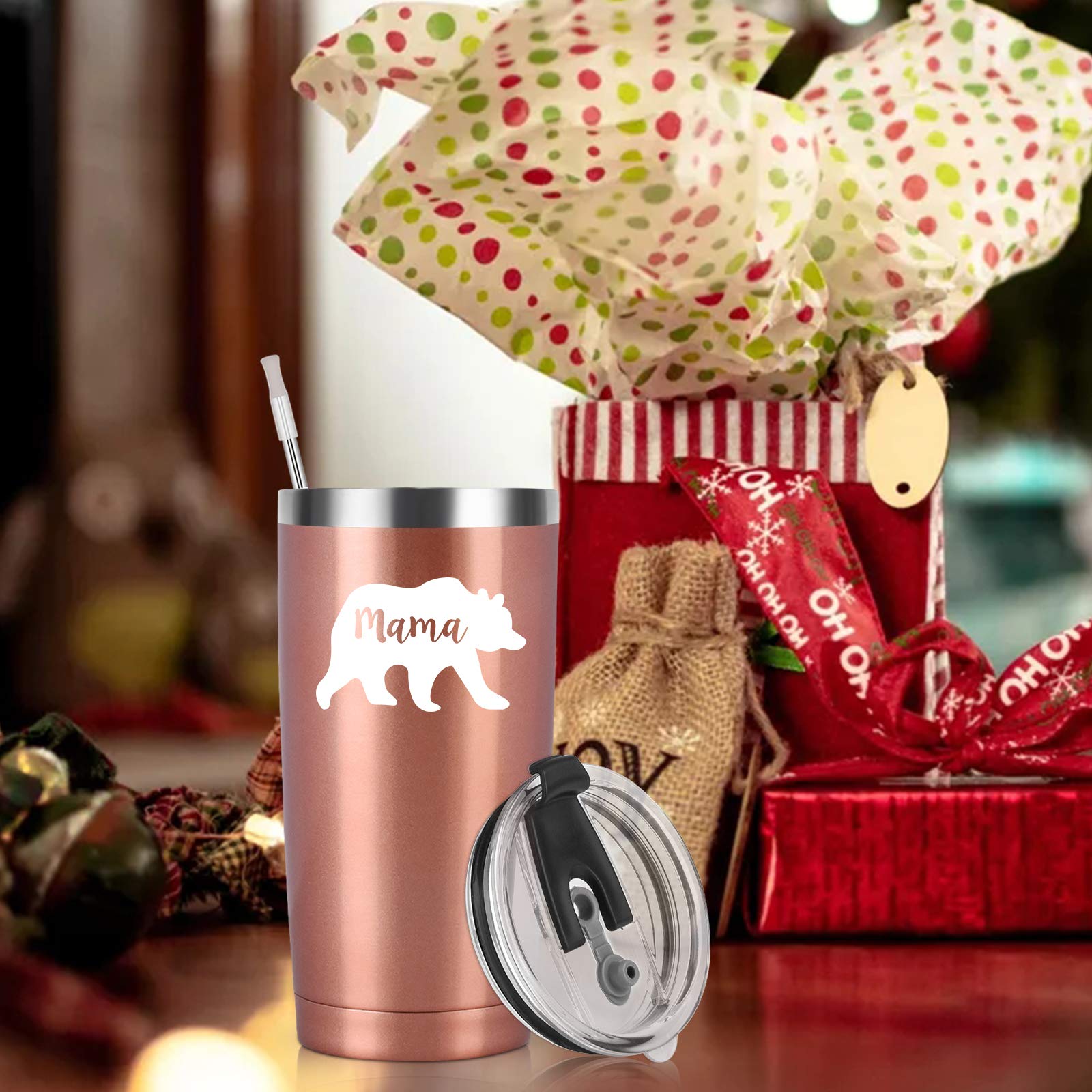 GINGPROUS Mama Bear Travel Tumbler, Mother's Day Gifts for Best Mom Mother Birthday Christmas Thangksgiving Gifts, Stainless Steel Insulated Travel Tumbler with 2 Lids and Straws, (20 Oz, Rose Gold)