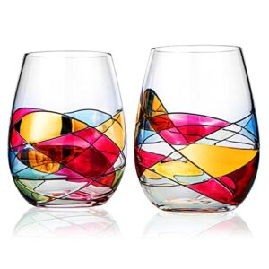 the wine savant artisanal hand painted stemless - gift for, friends, girlfriends, renaissance stain-glassed windows wine glasses set of 2 - gift idea for birthday, housewarming - extra large goblets