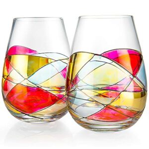 The Wine Savant Artisanal Hand Painted Stemless - Gift for, Friends, Girlfriends, Renaissance Stain-glassed Windows Wine Glasses Set of 2 - Gift Idea for Birthday, Housewarming - Extra Large Goblets