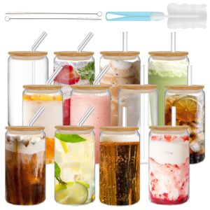 givameihf drinking glasses with bamboo lids and glass straw 12pcs set-16oz,glass cups with lids and straws,iced coffee cups,cutetumbler cup,soda,deal for cocktail,whiskey,gift