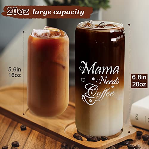 WAVEWISE Gifts for Mom from Daughter, Son, Kids - 20 Oz Drinking Can Glass Iced Coffee Cup with Lid and Straw - Mama Needs Coffee - Birthday Presents for Mom, Mother, Wife, New Mom, Mother In Law
