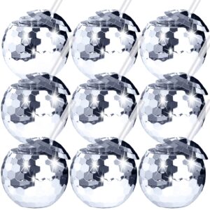 tongnian 9 pcs disco ball cups tumbler disco flash ball cocktail cup silver spherical cup with lid and straw disco wine glass drinking syrup tea bottle for disco bar party supplies