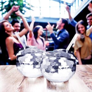 Tongnian 9 Pcs Disco Ball Cups Tumbler Disco Flash Ball Cocktail Cup Silver Spherical Cup with Lid and Straw Disco Wine Glass Drinking Syrup Tea Bottle for Disco Bar Party Supplies