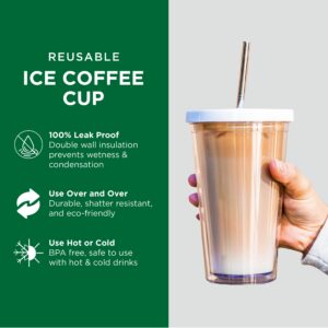 Reusable Iced Coffee Cup (24 Oz/Venti), Leak Proof and Double Wall Insulated Iced Coffee Tumbler, Come with Reusable Plastic and Metal Straws and Straw Cleaner