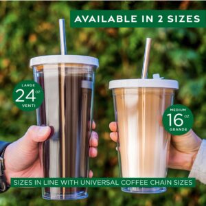 Reusable Iced Coffee Cup (24 Oz/Venti), Leak Proof and Double Wall Insulated Iced Coffee Tumbler, Come with Reusable Plastic and Metal Straws and Straw Cleaner