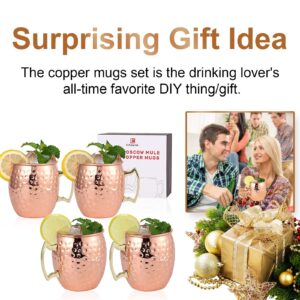 Moscow Mule Mugs Set of 4-18 oz, [Gift Set] Hammered Copper Mugs | Stainless Steel Lining, Copper Plating Cups with Gold Brass Handles for Making Classic Moscow Mule, 3.4'' (Diameter) x 4 ''(Tall)