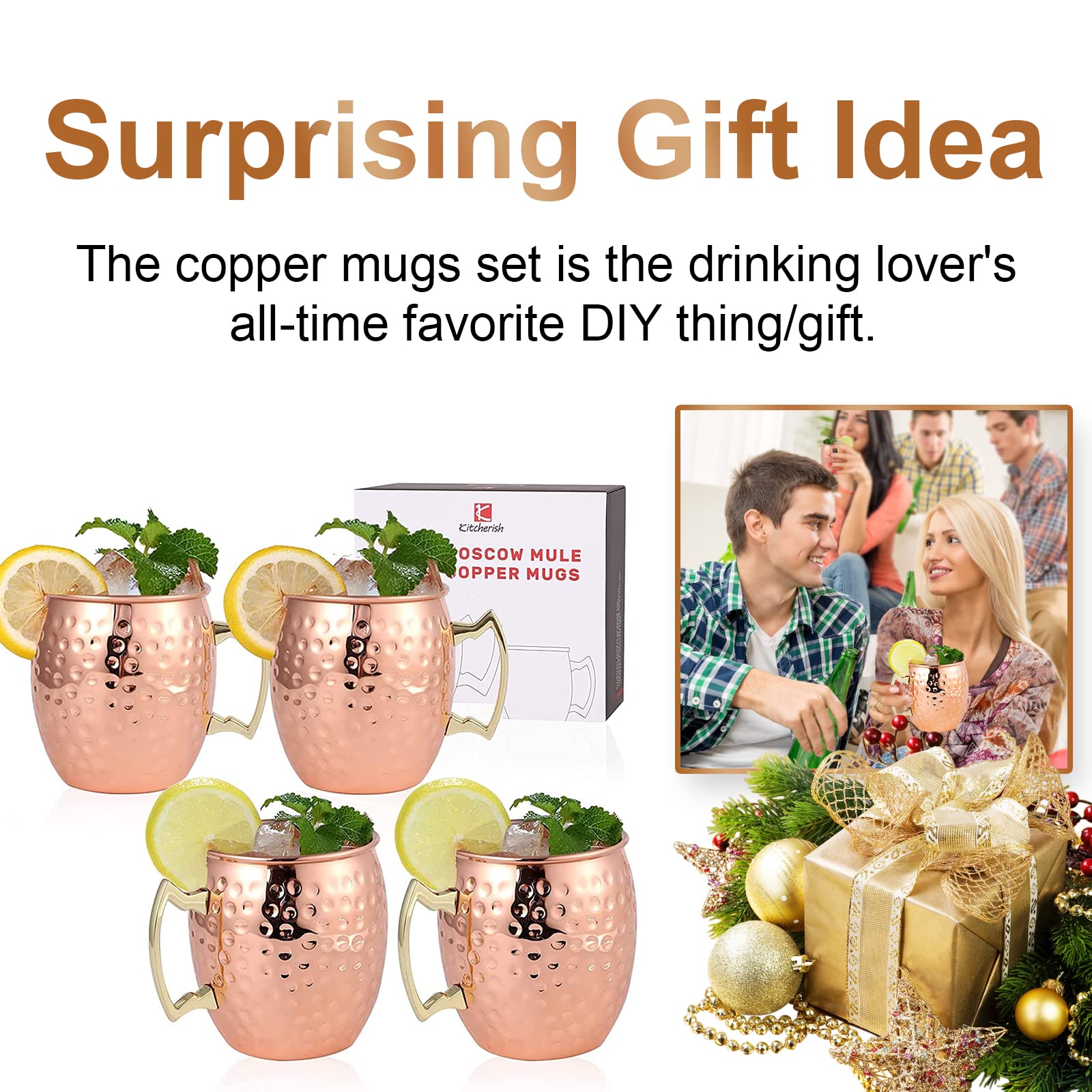 Moscow Mule Mugs Set of 4-18 oz, [Gift Set] Hammered Copper Mugs | Stainless Steel Lining, Copper Plating Cups with Gold Brass Handles for Making Classic Moscow Mule, 3.4'' (Diameter) x 4 ''(Tall)