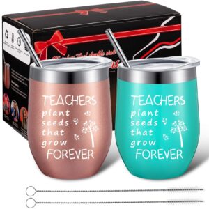 2 pack teacher appreciation gifts for women, novelty birthday thank you gift graduation gift for teachers, teachers plant seeds that grow forever, double insulate wine tumbler 12 oz (rose gold, mint)