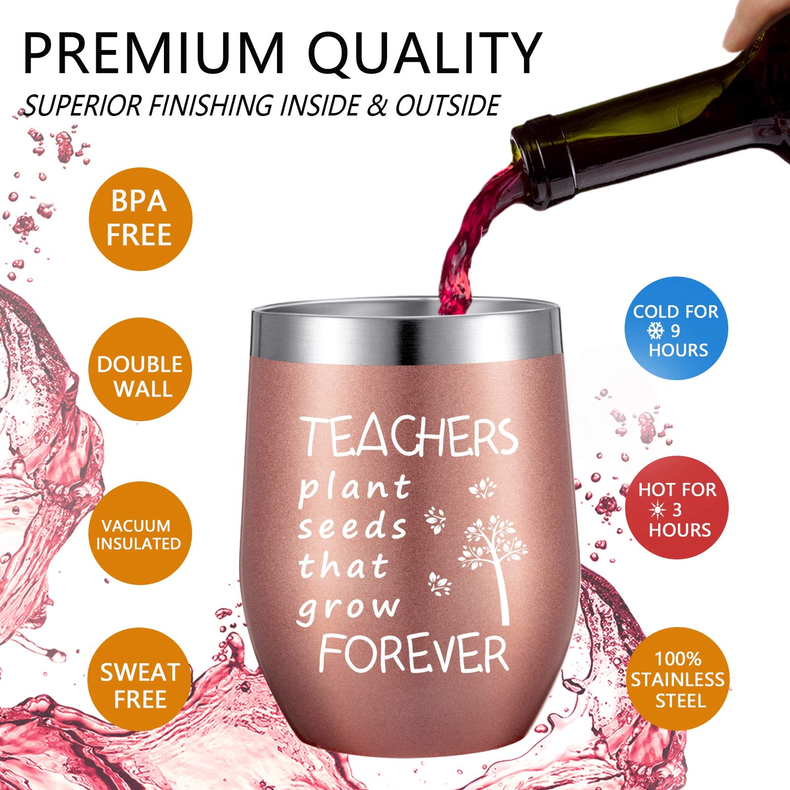 2 Pack Teacher Appreciation Gifts for Women, Novelty Birthday Thank You Gift Graduation Gift for Teachers, Teachers Plant Seeds That Grow Forever, Double Insulate Wine Tumbler 12 oz (Rose Gold, Mint)