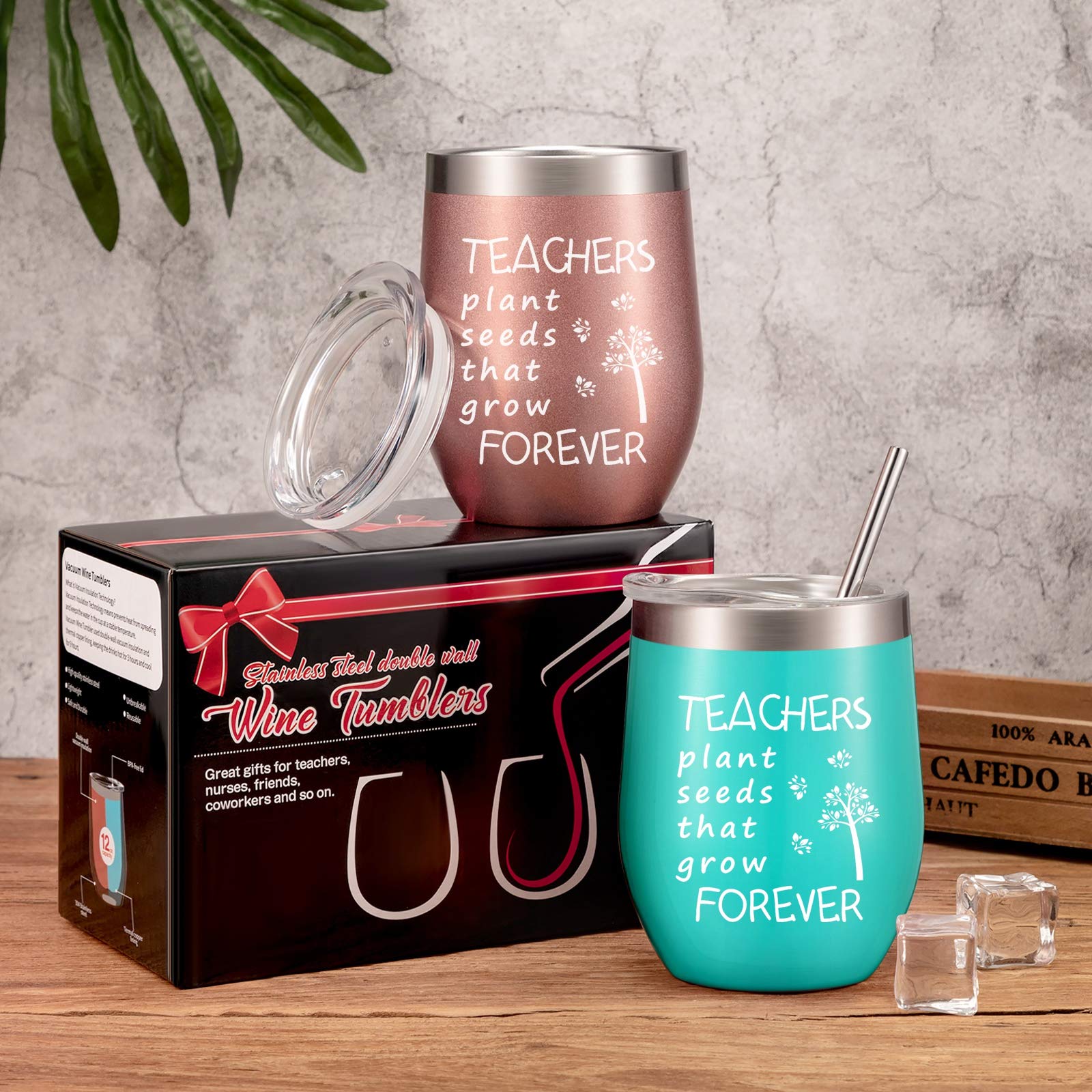 2 Pack Teacher Appreciation Gifts for Women, Novelty Birthday Thank You Gift Graduation Gift for Teachers, Teachers Plant Seeds That Grow Forever, Double Insulate Wine Tumbler 12 oz (Rose Gold, Mint)