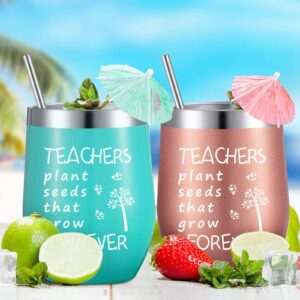 2 Pack Teacher Appreciation Gifts for Women, Novelty Birthday Thank You Gift Graduation Gift for Teachers, Teachers Plant Seeds That Grow Forever, Double Insulate Wine Tumbler 12 oz (Rose Gold, Mint)