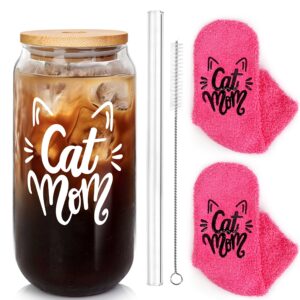 gift for cat lover women, glass and sock for cat mom, cat mom socks, cat mom gifts for women, cat lover gift, can shaped glass cups, 20oz drinking glasses with bamboo lid and glass straw
