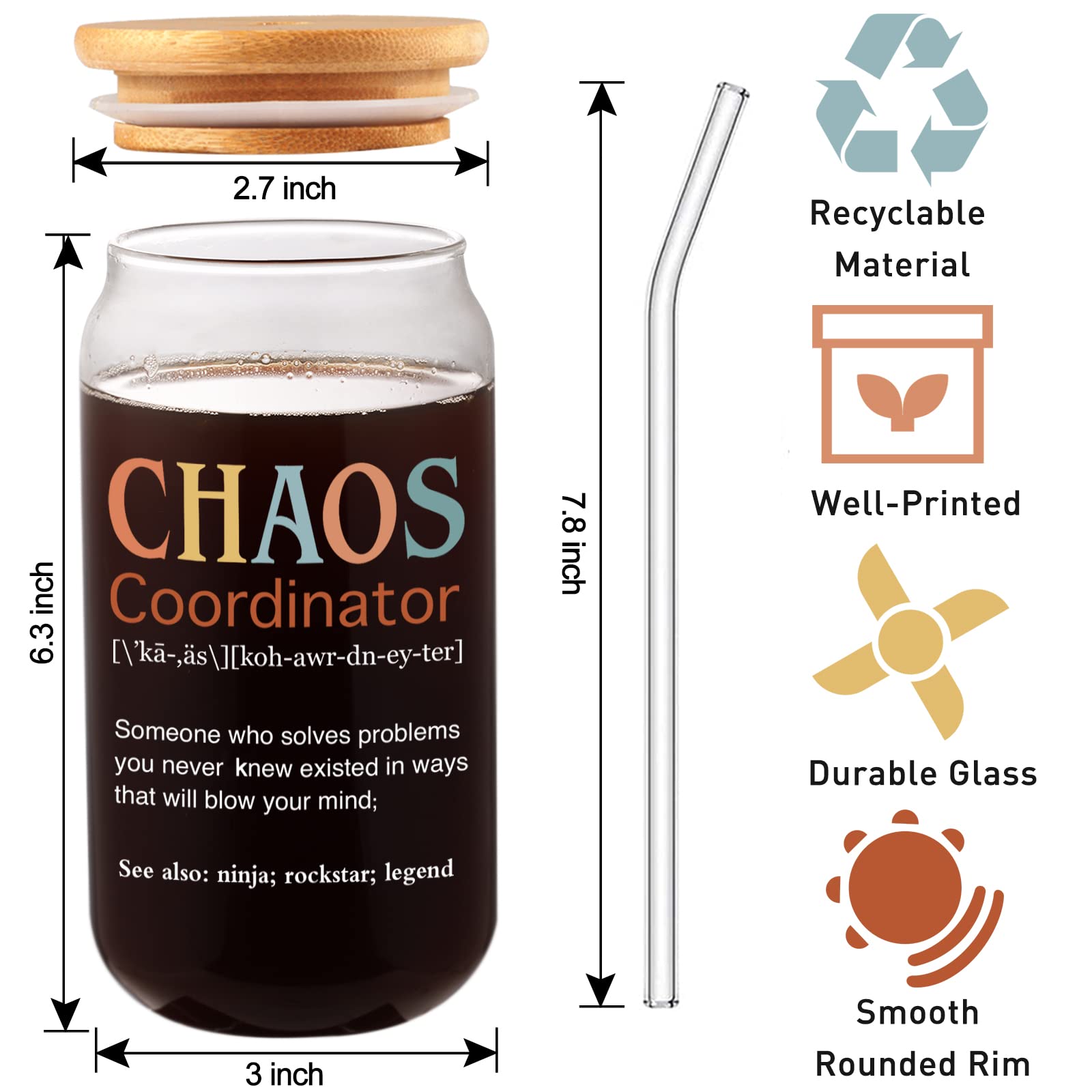 Chaos Coordinator Gifts For Women - 16oz Chaos Coordinator Glass Cup With Lid And Straw - Drinking Glasses Tumbler Gifts For Her - Thank You Gift For Coworker, Teacher, Boss Lady