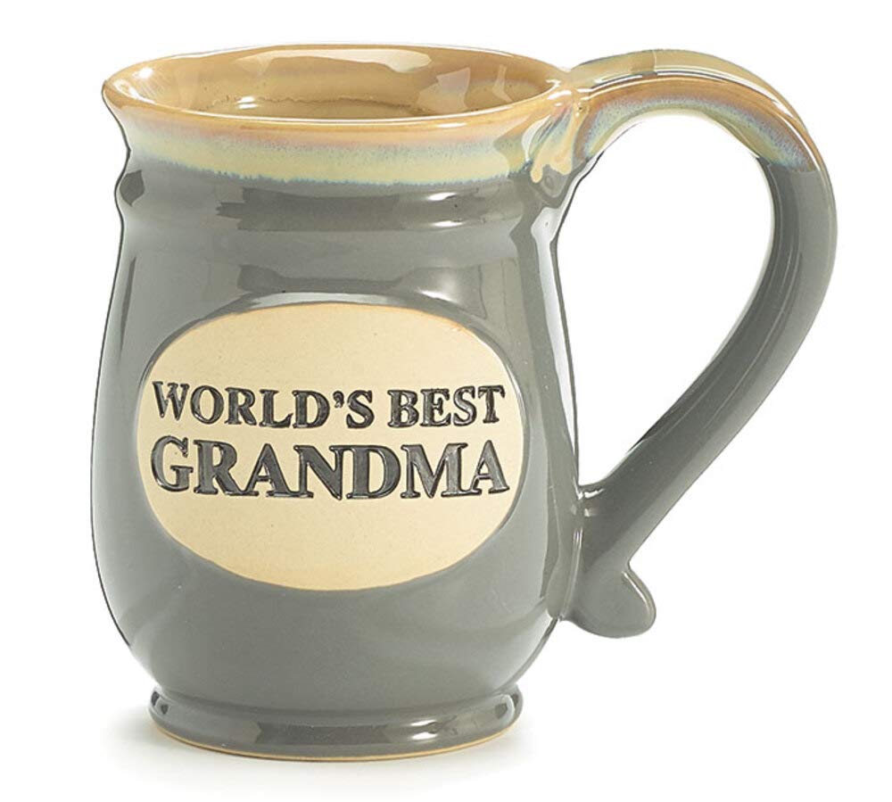 Coffee Cup Worlds Best Grandma Hot Tea Mug Gray Porcelain 14 oz with Tan, Vintage Pottery Look Gift Idea for Beverage Service or China Collections