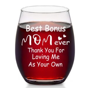 modwnfy mothers day gift for stepmom, best bonus mom ever wine glass, mother in law thanks stemless wine glass, great gifts idea for step mom, godmother, god mother, aunt, second mom, mother in law