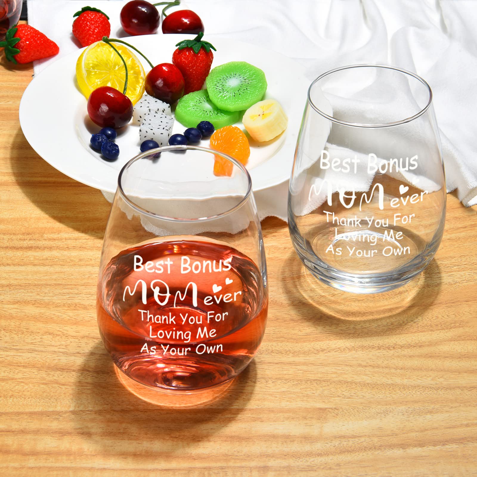 Modwnfy Mothers Day Gift for Stepmom, Best Bonus Mom Ever Wine Glass, Mother in Law Thanks Stemless Wine Glass, Great Gifts Idea for Step Mom, Godmother, God Mother, Aunt, Second Mom, Mother in Law