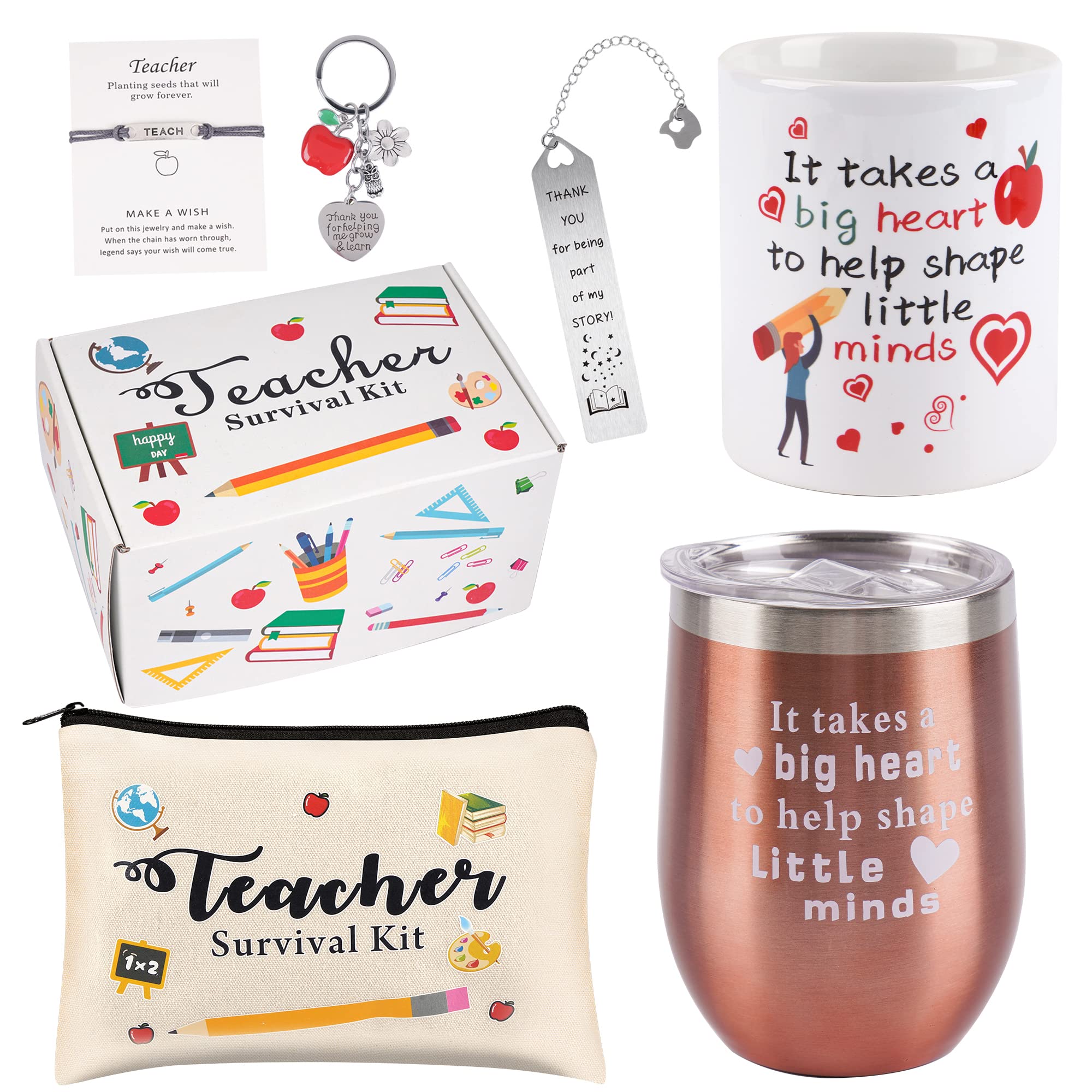 Teacher Appreciation Gifts Set Teacher Gifts for Women Back to School Gifts for Teachers Teacher Wine Tumbler, Makeup Pouch Cosmetic Bag,Bookmarks, Ceramic Pen Holder,Teach Blessing Card Bracelets