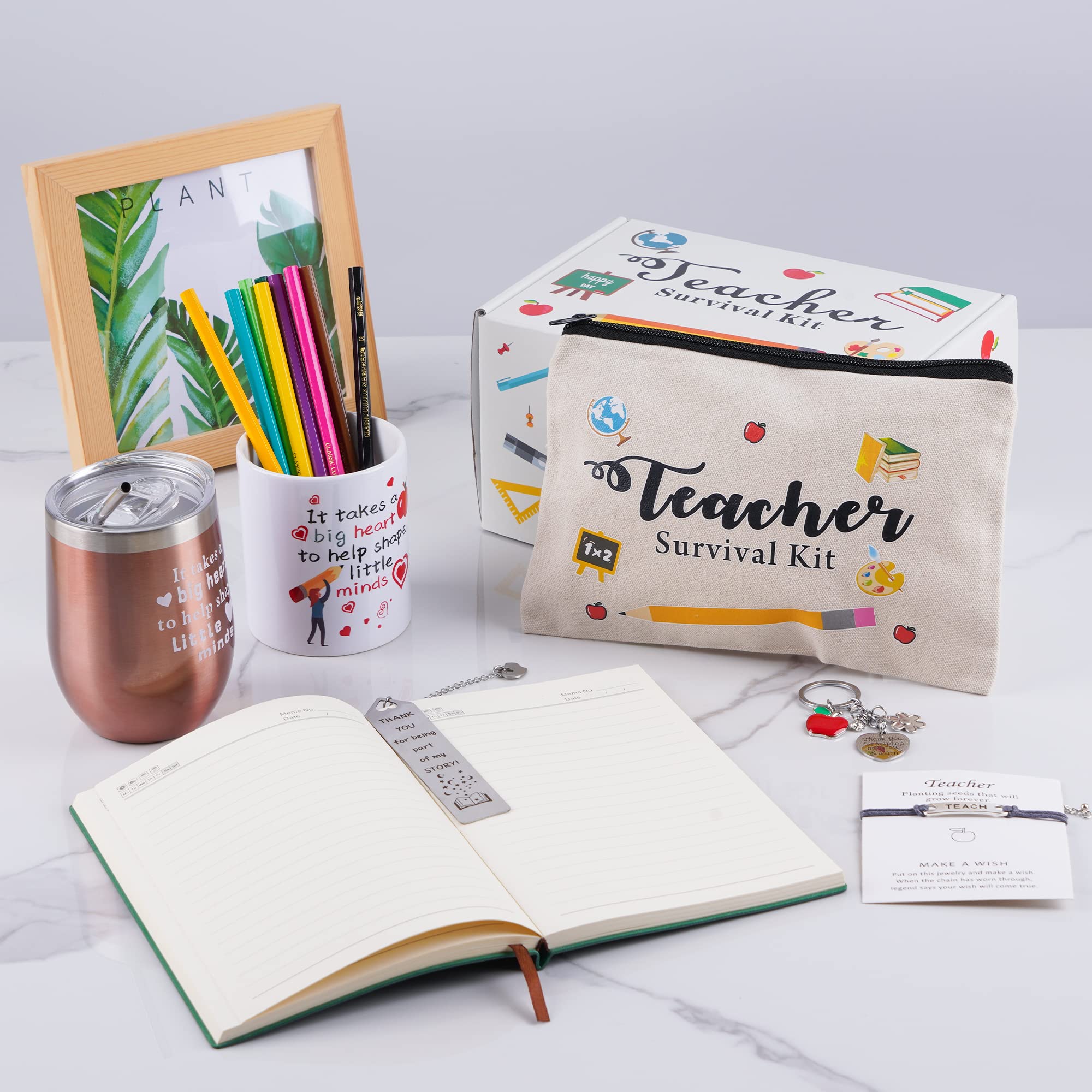 Teacher Appreciation Gifts Set Teacher Gifts for Women Back to School Gifts for Teachers Teacher Wine Tumbler, Makeup Pouch Cosmetic Bag,Bookmarks, Ceramic Pen Holder,Teach Blessing Card Bracelets