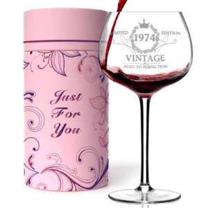 50th birthday gifts for her, vintage 1974 engraved 50th wine glass, 50 year old birthday decorations for women, funny 50 bday gifts idea for women, friends, daughter, sister mom - turning 50 present