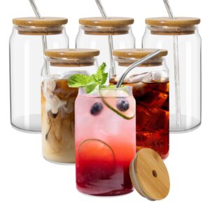 yuleer glass cups with lids & straws 6 pack, 16 oz can shape drinking glasses beer glasses tumbler cups water bottles for iced coffee, cocktail, beer, soda
