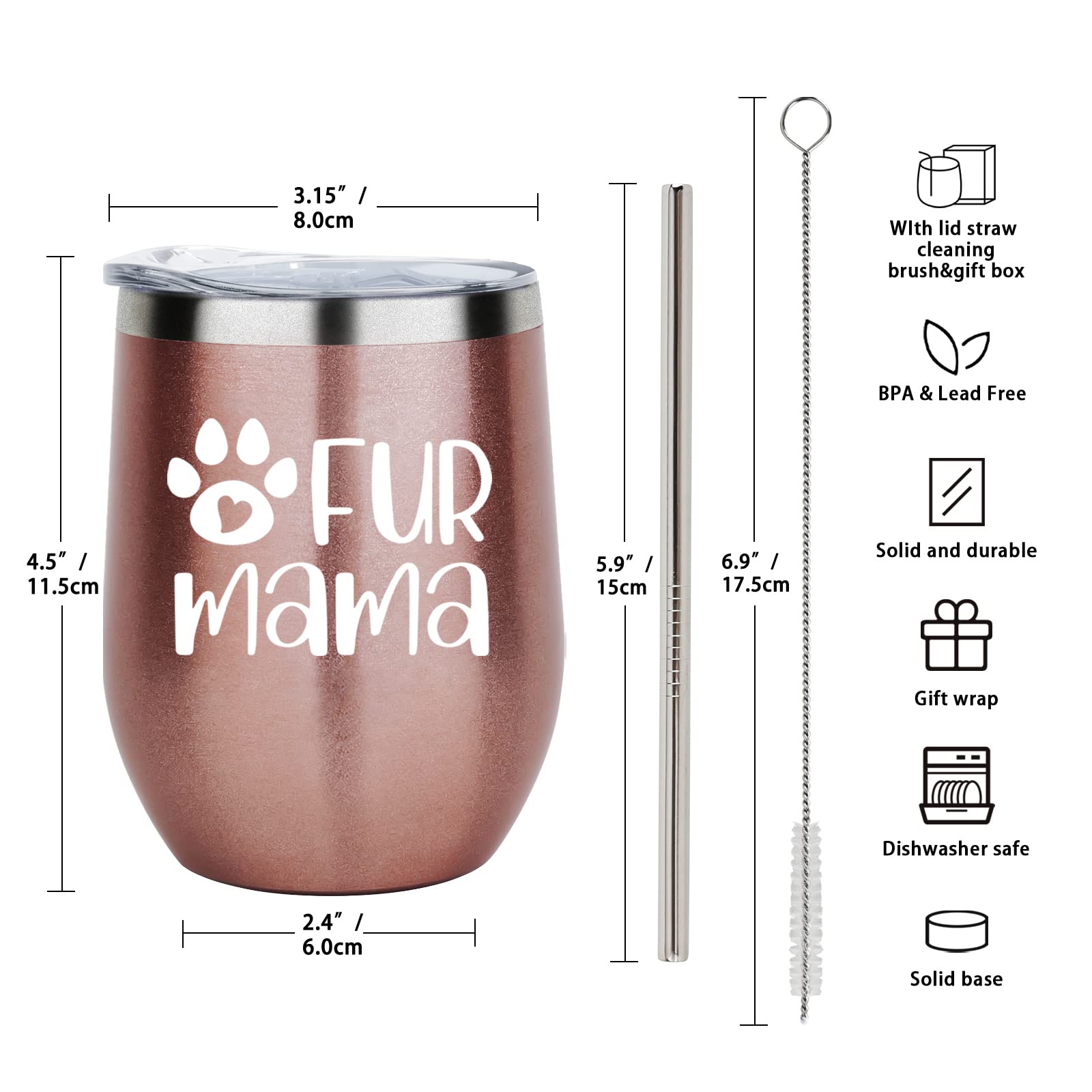 Fur Mama Wine Tumbler Mama Wine Tumbler Cat Dog Animals Lovers Gift for Women Sisters Girlfriend Wife on Mother's Day Birthday Christmas 12 Ounce with Lid Straw and Gift Box Rose Gold