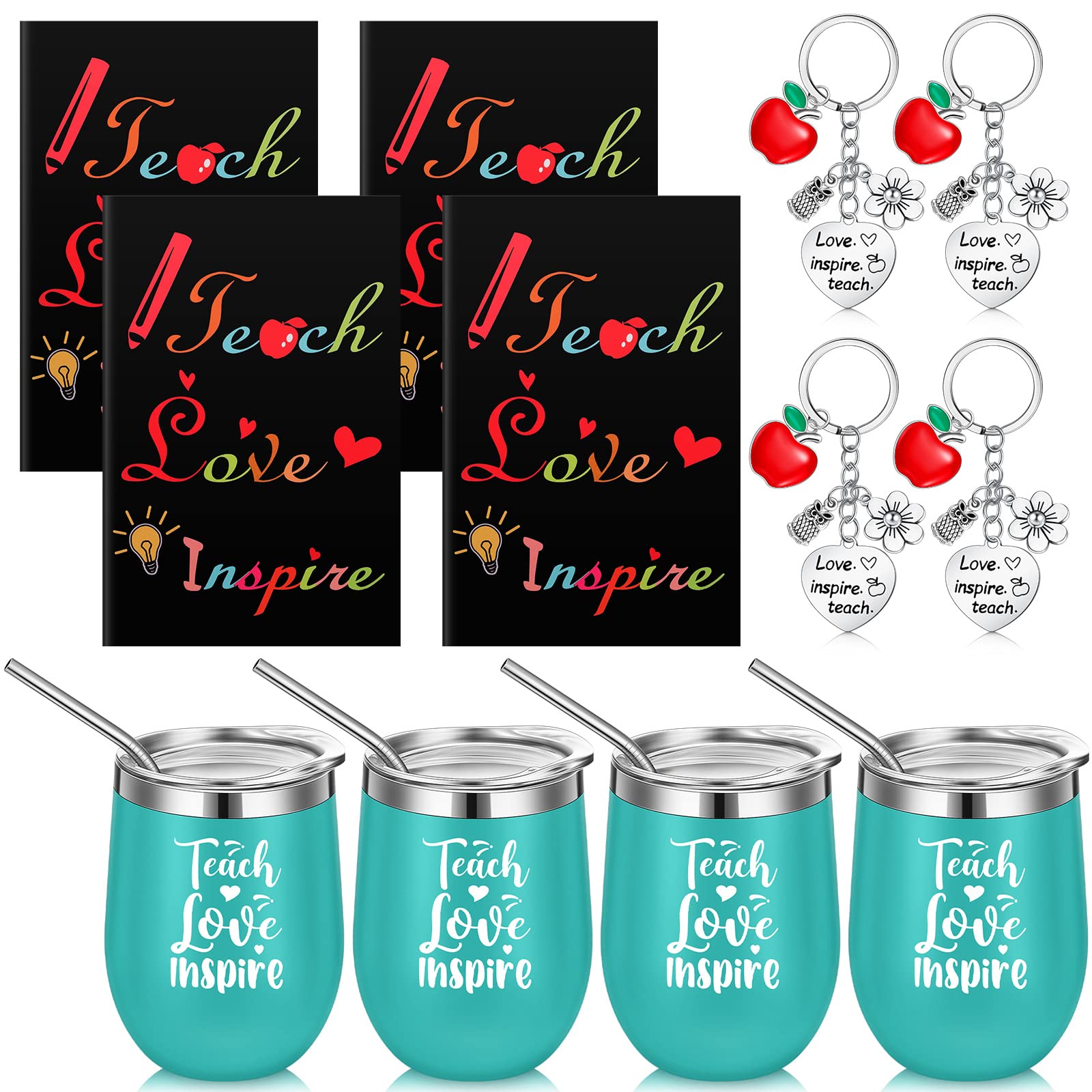 12 Pcs Teacher Appreciation Christmas Gift Bulk for Women, 12oz Wine Cup with Mini Journal Notepads Keychains Basket Thank You Retirement Gifts