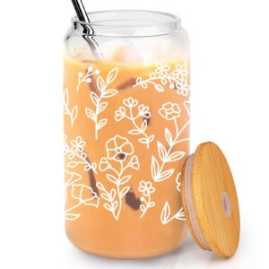 floral iced coffee cup - cute glass coffee cups with lids and straw - flower aesthetic beer tumbler, can shaped drinking glasses, birthday christmas gifts for women, mom, aunt, wife - 16 oz can glass