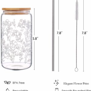 Floral Iced Coffee Cup - Cute Glass Coffee Cups with Lids and Straw - Flower Aesthetic Beer Tumbler, Can Shaped Drinking Glasses, Birthday Christmas Gifts for Women, Mom, Aunt, Wife - 16 oz Can Glass