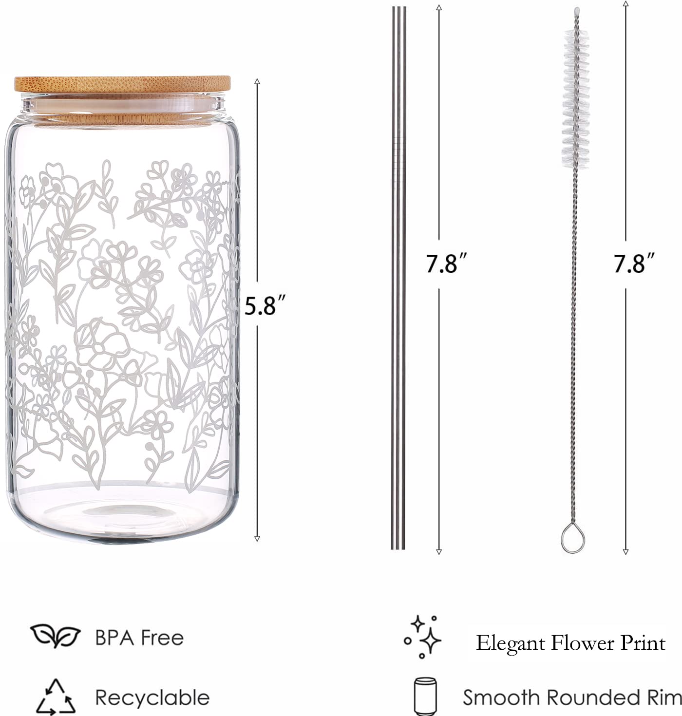 Floral Iced Coffee Cup - Cute Glass Coffee Cups with Lids and Straw - Flower Aesthetic Beer Tumbler, Can Shaped Drinking Glasses, Birthday Christmas Gifts for Women, Mom, Aunt, Wife - 16 oz Can Glass