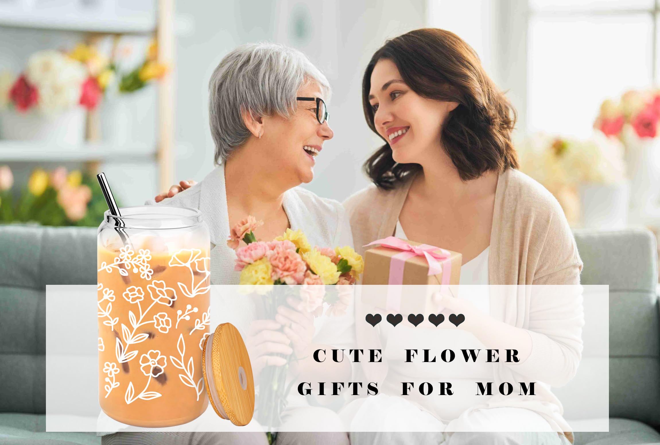 Floral Iced Coffee Cup - Cute Glass Coffee Cups with Lids and Straw - Flower Aesthetic Beer Tumbler, Can Shaped Drinking Glasses, Birthday Christmas Gifts for Women, Mom, Aunt, Wife - 16 oz Can Glass